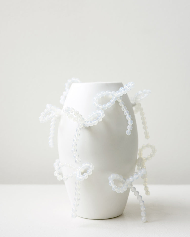 "Notsobig" Power, Corruption, Lies - Small Vase In Matte White w/ Iridescent Opalite Bows