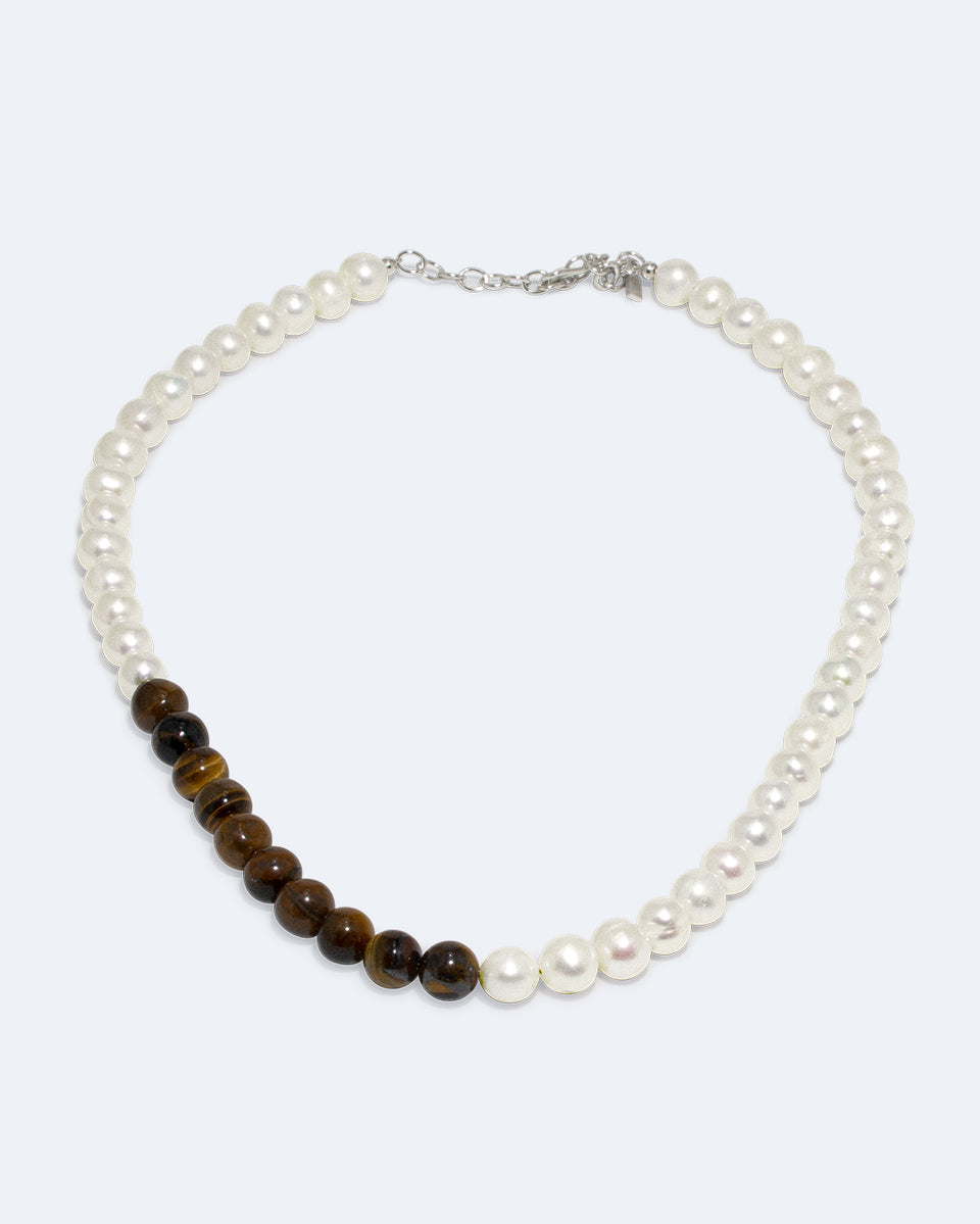 Jusqu'à présent, tout va bien - Collier plaqué platine avec perles et œil de tigre