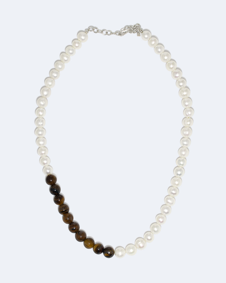 Jusqu'à présent, tout va bien - Collier plaqué platine avec perles et œil de tigre