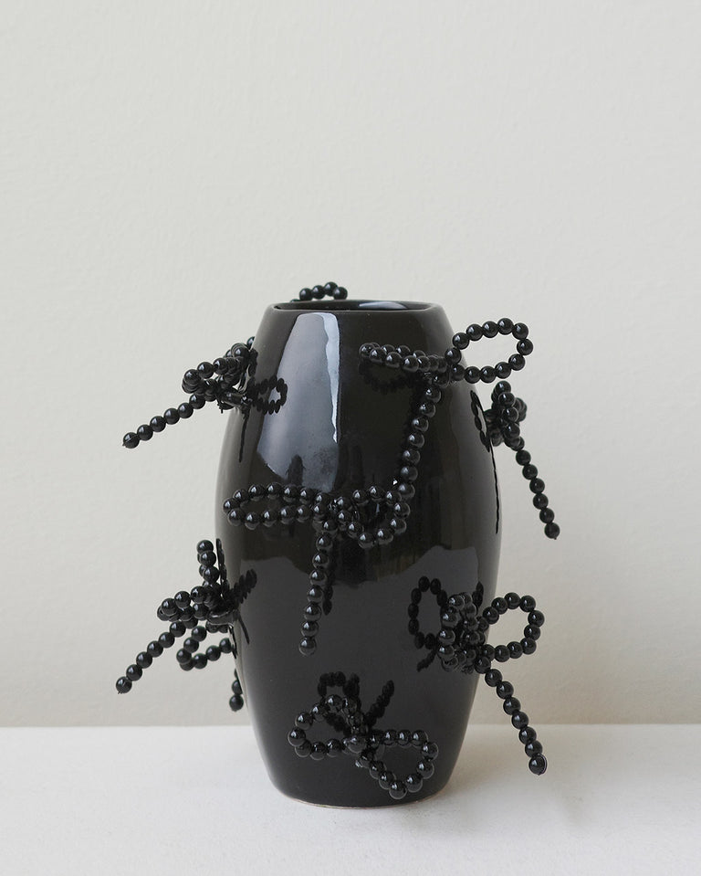 "Notsobig" Power, Corruption, Lies - Small Vase In Gloss Black w/ Faux Pearl Bows