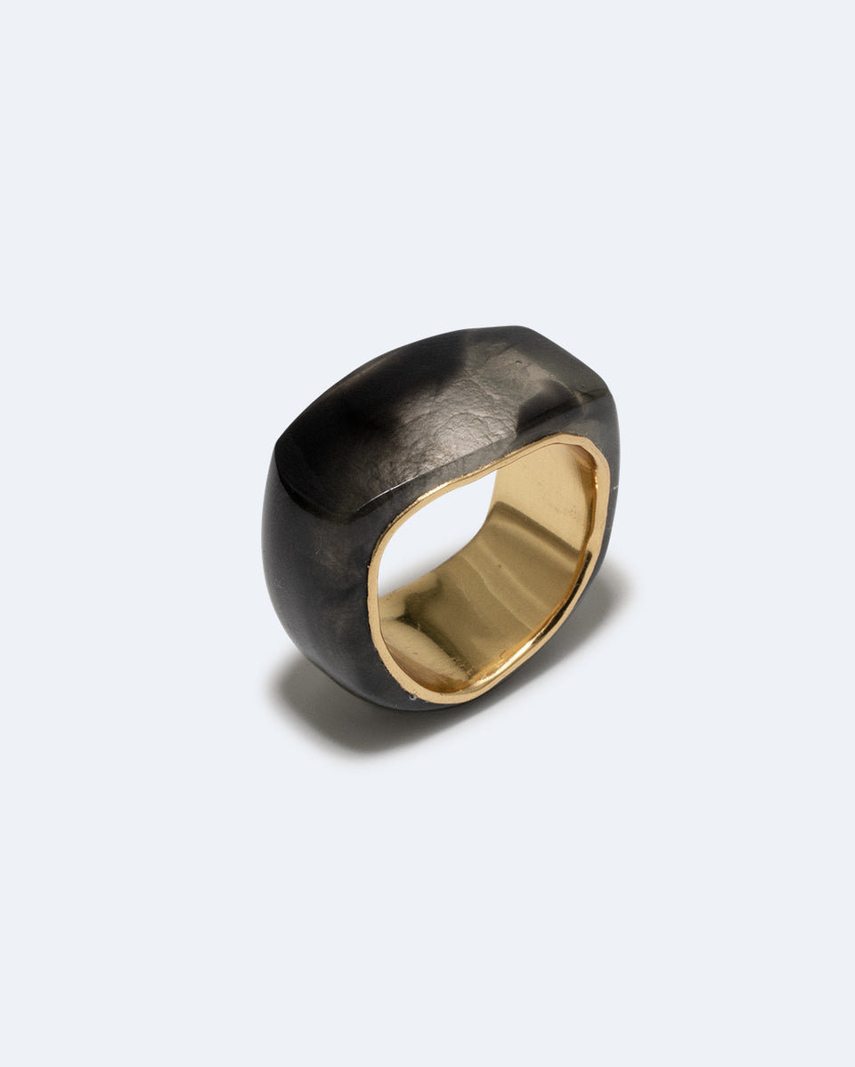 Un cercle vertueux ? - Bague chevalière en résine bio Quartz Fumé et Vermeil
