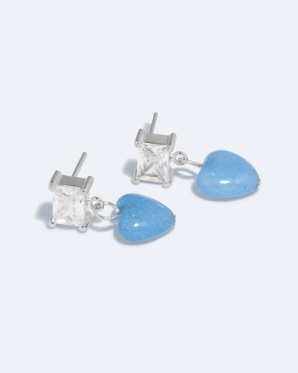 The Heart's Window - Blue Heart Bead and Zirconia Recycled Silver Earrings