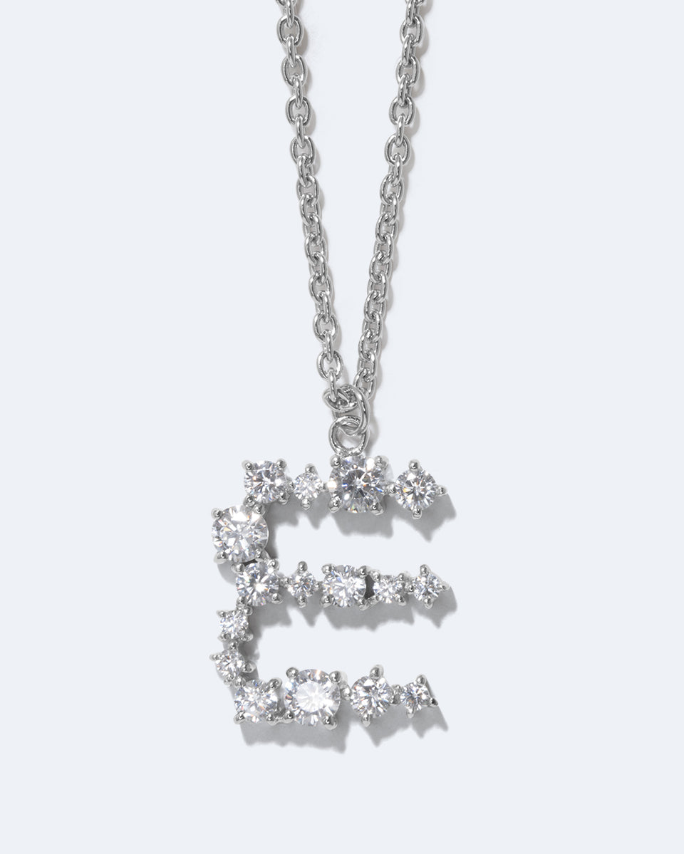 Glitchy E - Cubic Zirconia and Rhodium Plated Pendant