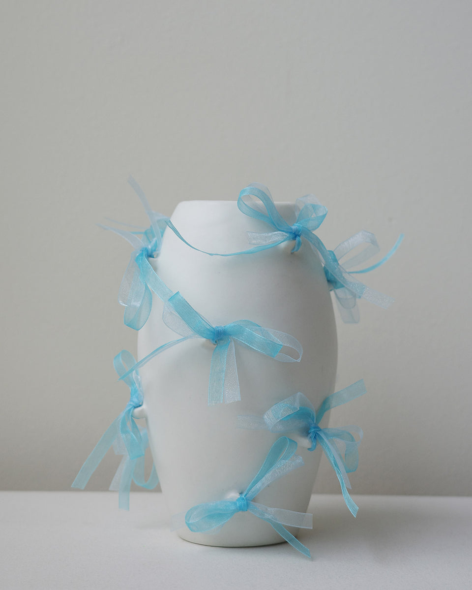 Pearly Pearl - Small Vase In Matte White w/ Organza Ribbon