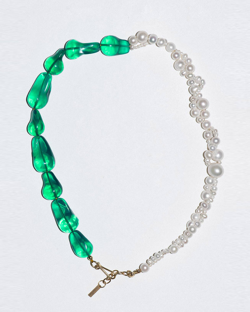 Parade of Possibilities II -  Pearl and Green Bio Resin Gold Plated Necklace