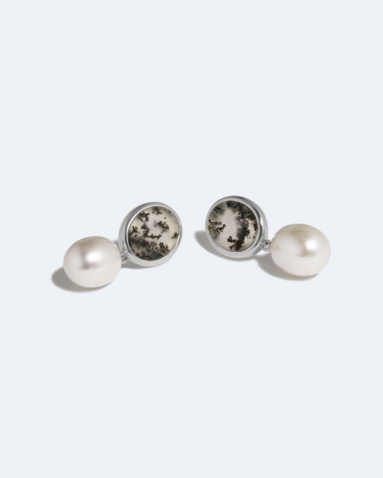Heath - Pearl and Dendritic Agate Recycled Silver Earrings