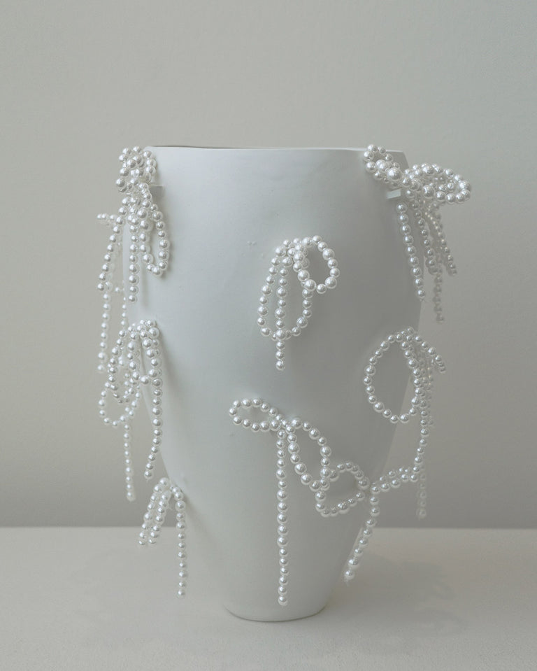 Power, Corruption, Lies - Large Vase In Matte White w/ Faux Pearl Bows