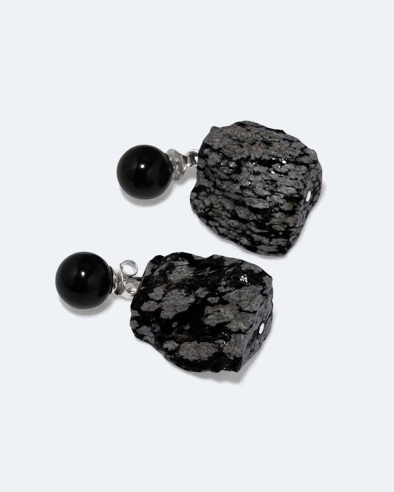 H88 - Boucles d'oreilles en argent recyclé Onyx et Obsidienne Flocon de Neige
