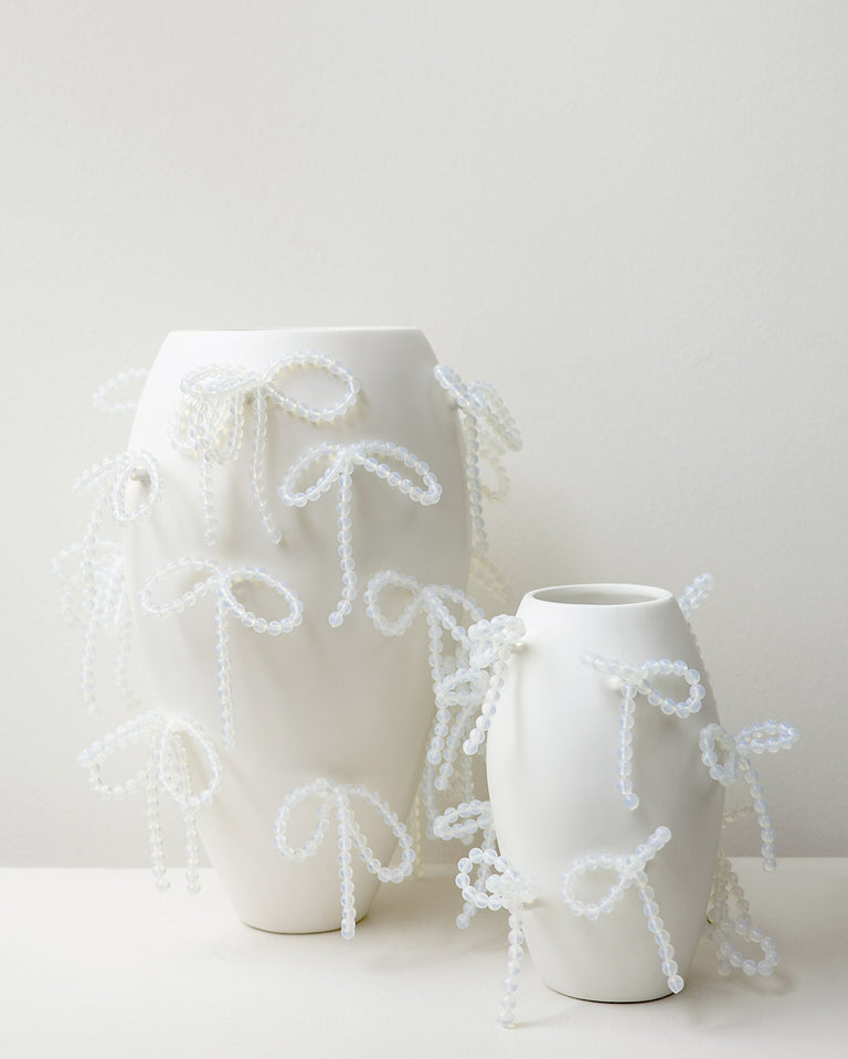 "Notsobig" Power, Corruption, Lies - Small Vase In Matte White w/ Iridescent Opalite Bows