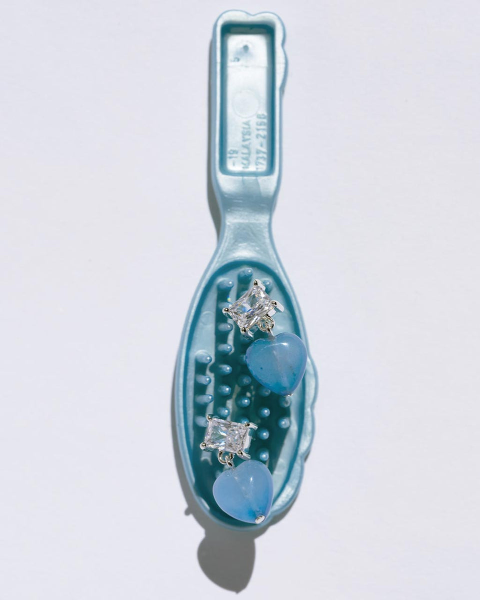 The Heart's Window - Blue Heart Bead and Zirconia Recycled Silver Earrings