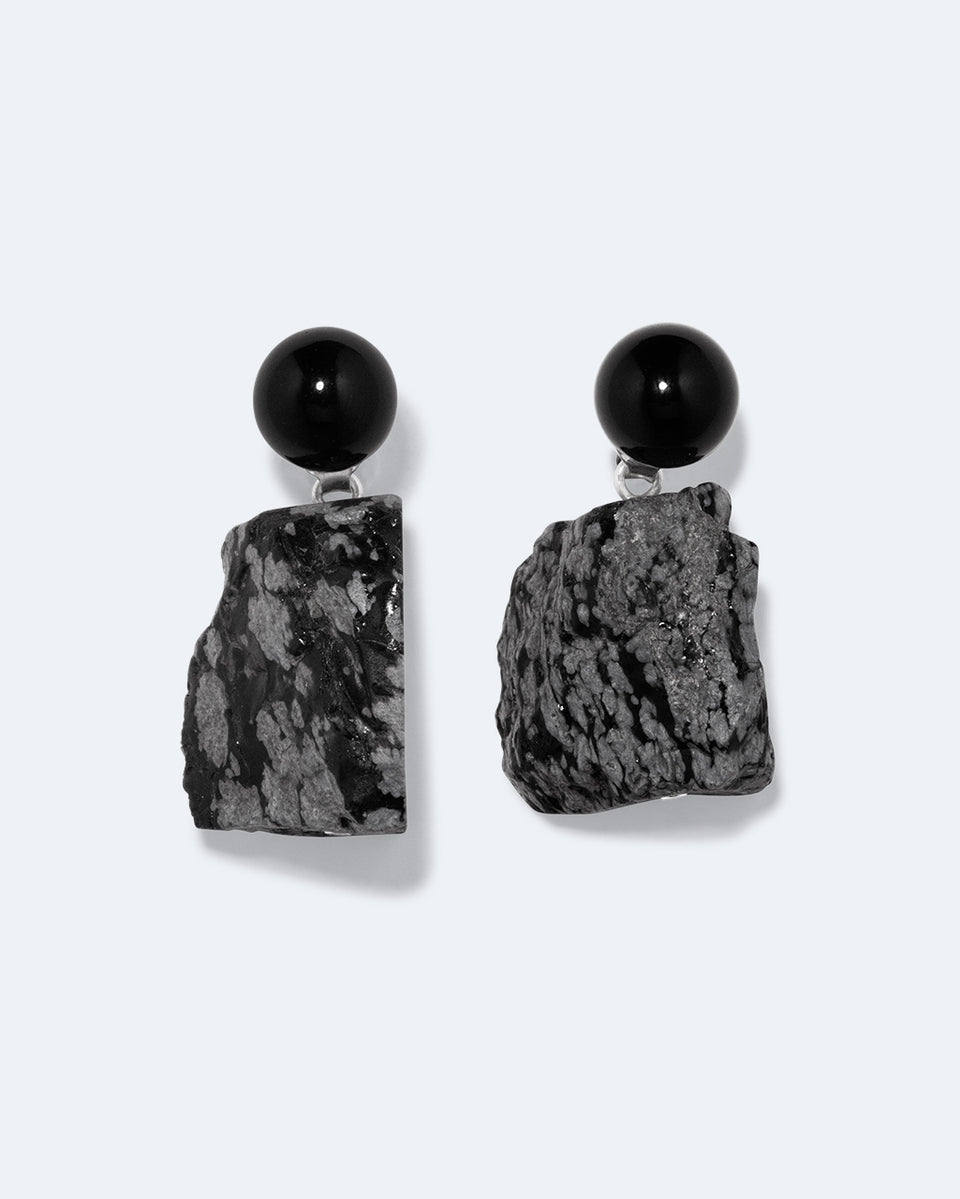 H88 - Boucles d'oreilles en argent recyclé Onyx et Obsidienne Flocon de Neige