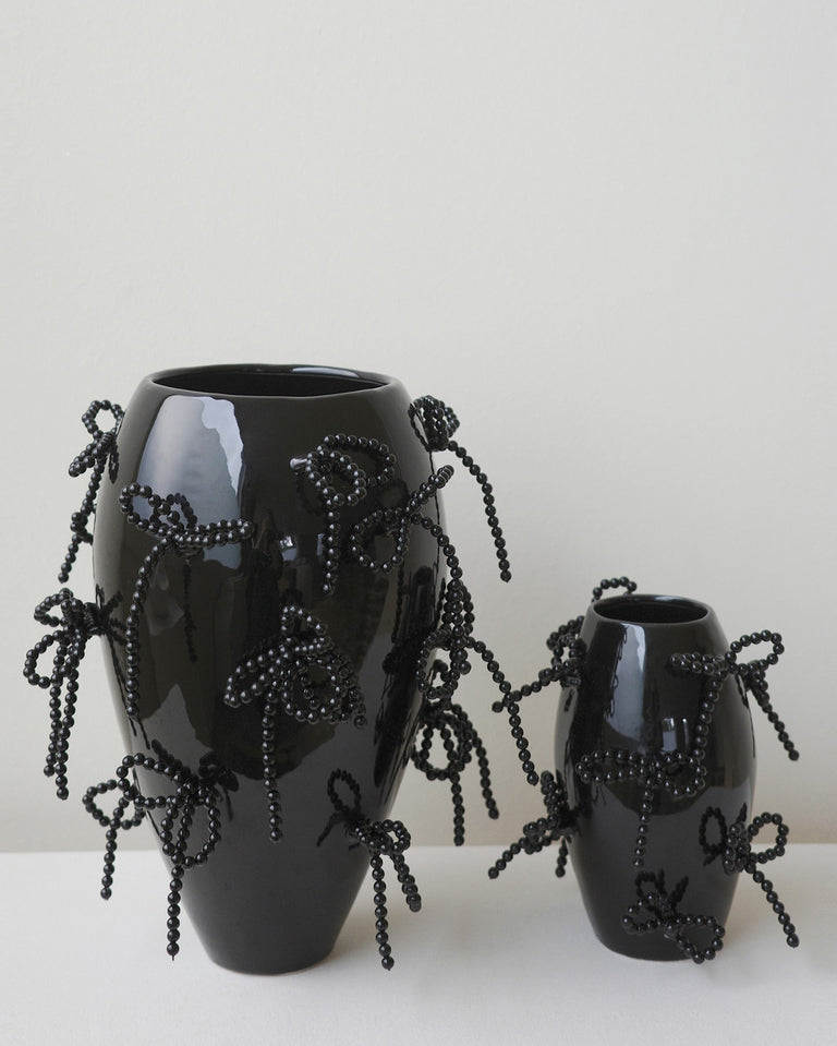 Power, Corruption, Lies - Large Vase In Gloss Black w/ Faux Pearl Bows