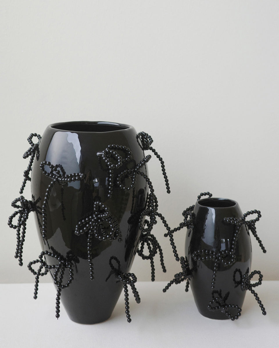 Power, Corruption, Lies - Large Vase In Gloss Black w/ Faux Pearl Bows