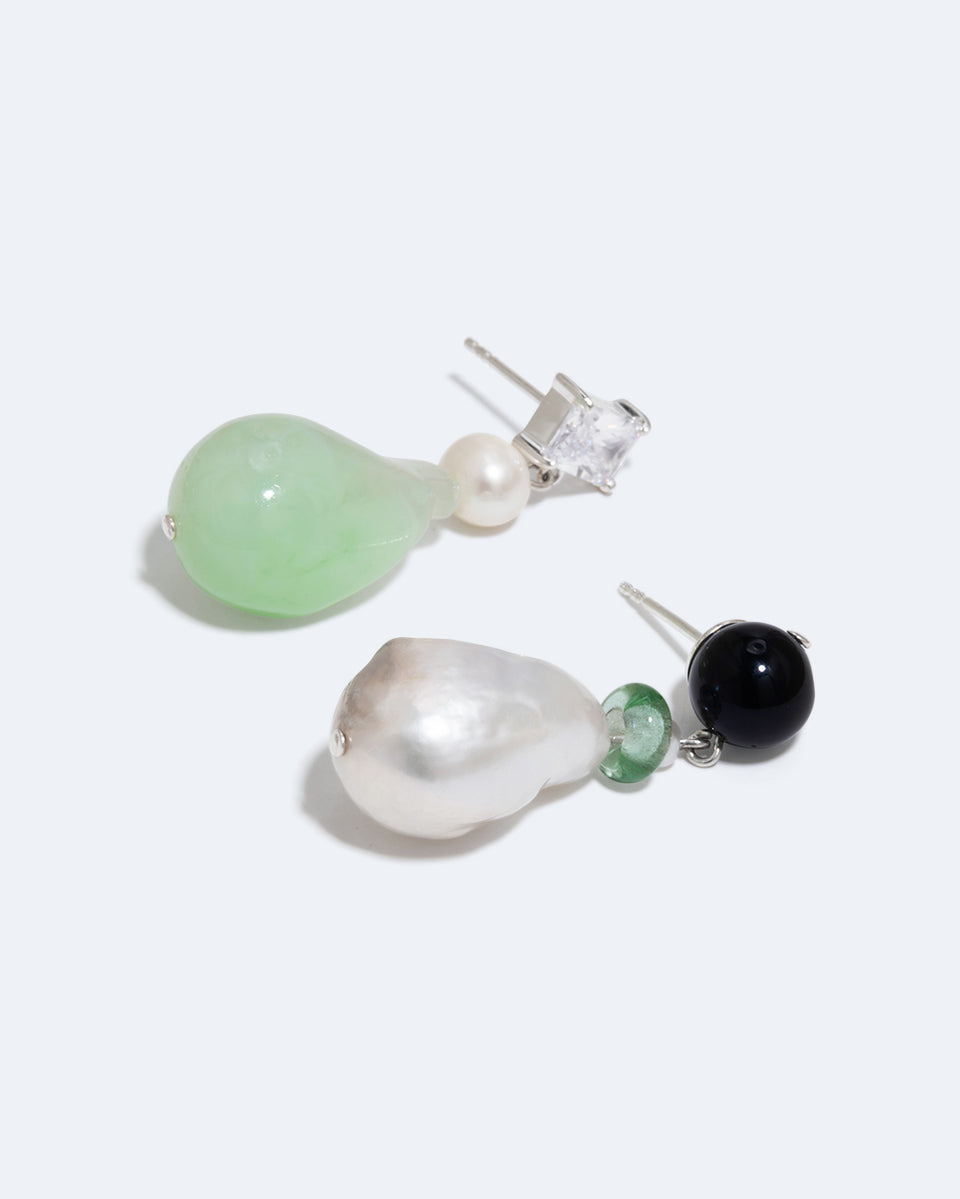 Peat - Pearl, Onyx, Bead, Resin and Zirconia Earrings