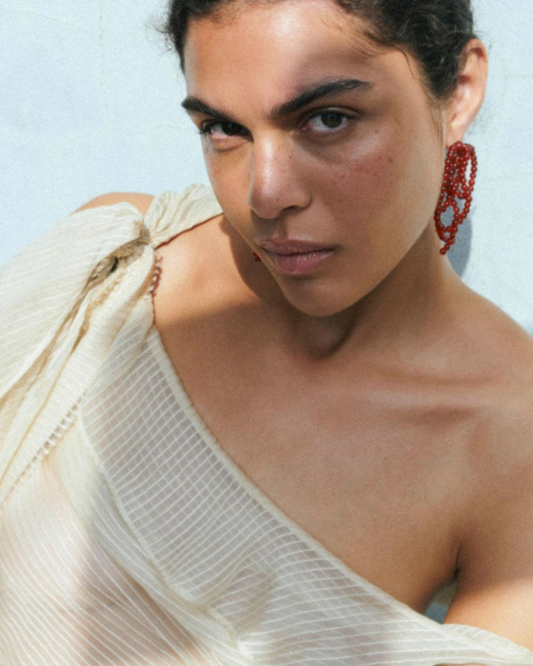 La Toile que Nous Tissons - Boucles d'oreilles en agate dentelle rouge et argent recyclé