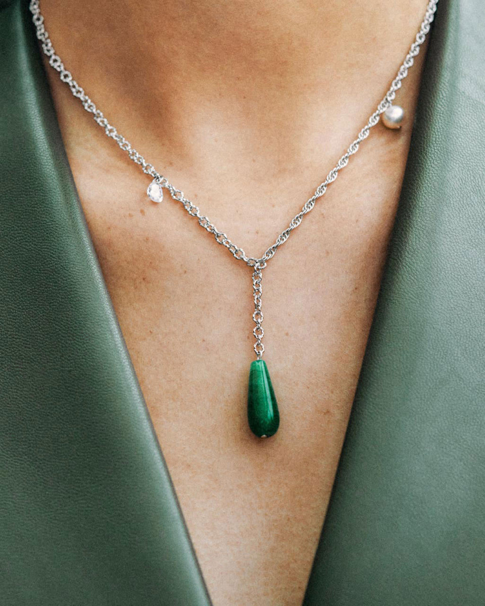 Les Profondeurs du Temps - Collier en Argent Sterling avec Perle, Calcédoine Verte et Zirconia