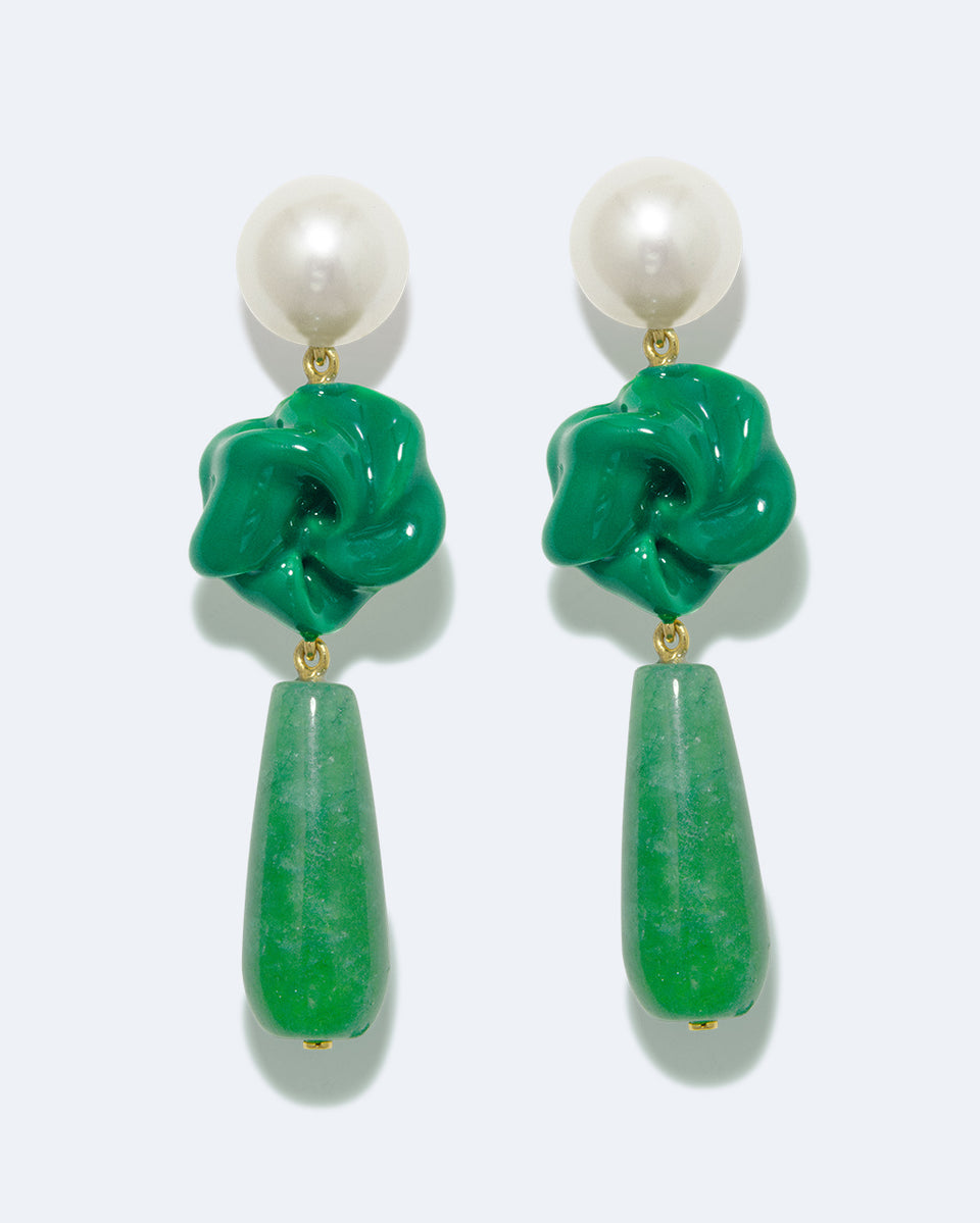 Les Profondeurs du Temps - Boucles d'oreilles en Vermeil d'Or Recyclé avec Perle, Calcédoine Verte et Émail