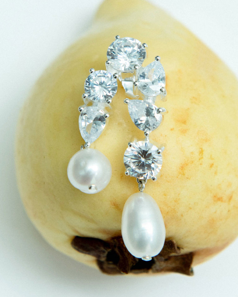 Cascading - Pearl and Zirconia Recycled Silver Earrings