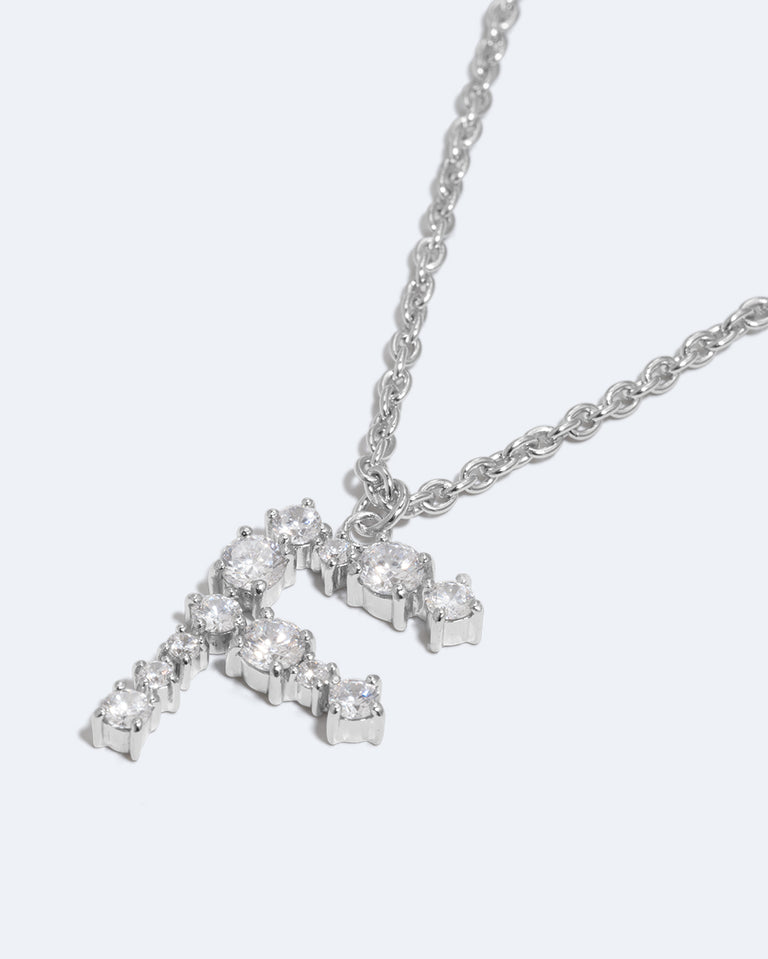 Glitchy F - Cubic Zirconia and Rhodium Plated Pendant