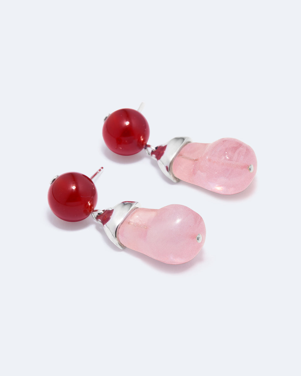 Beak - Boucles d'oreilles en argent recyclé avec résine bio rose et agate dentelle rouge