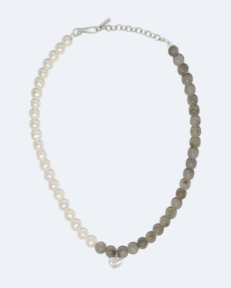 Fee‐fi‐fo‐fum - Pearl, Cubic Zirconia and Labradorite Bead Rhodium Plated Necklace