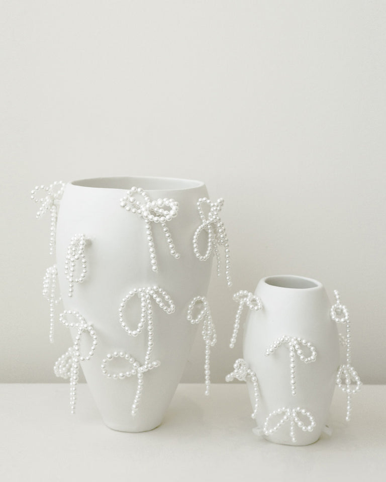 "Notsobig" Power, Corruption, Lies - Small Vase In Matte White w/ Faux Pearl Bows