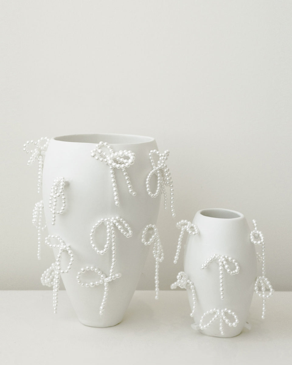 "Notsobig" Power, Corruption, Lies - Small Vase In Matte White w/ Faux Pearl Bows