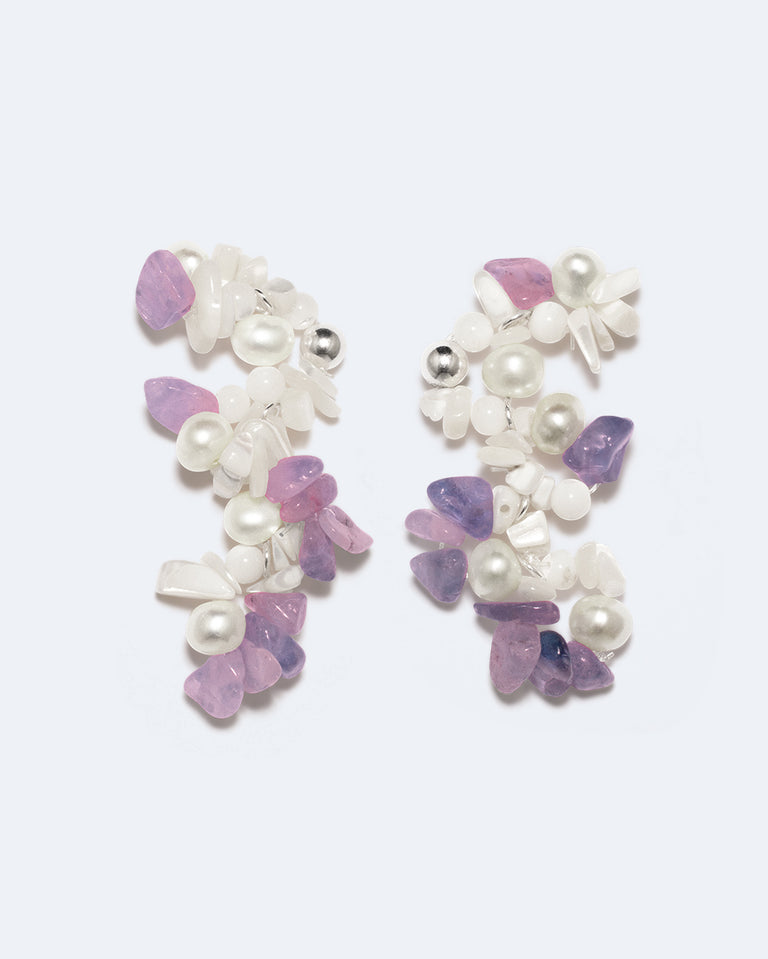 Hum - Boucles d'oreilles plaquées platine, perle, nacre et améthyste
