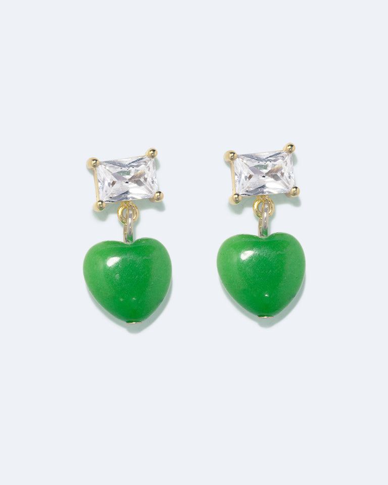 The Heart's Window - Green Heart Bead and Zirconia Recycled Gold Vermeil Earrings