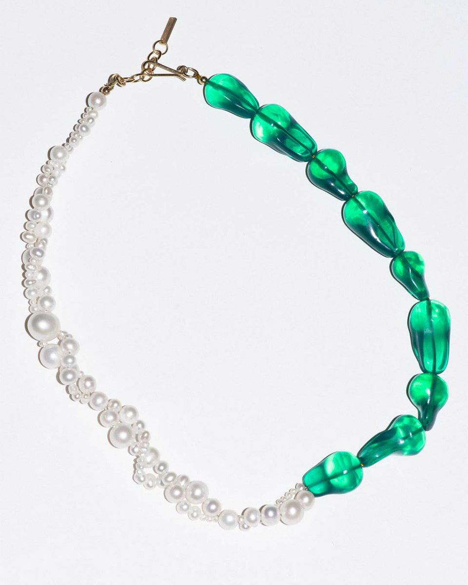Parade of Possibilities II -  Pearl and Green Bio Resin Gold Plated Necklace