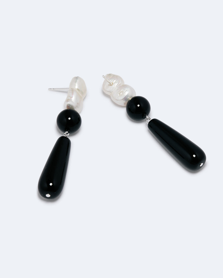 Tarn II - Pearl and Black Onyx Recycled Silver Earrings