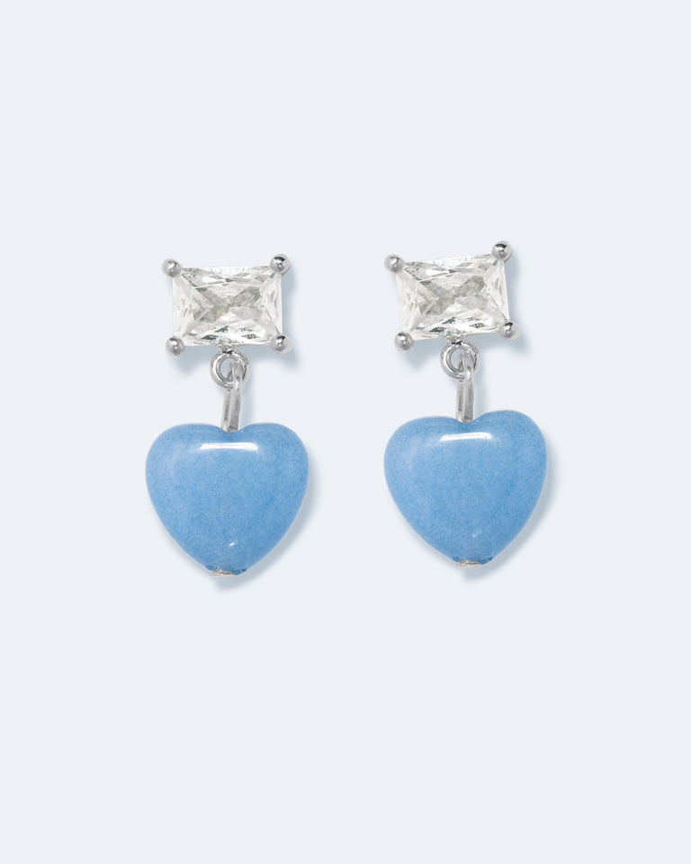 The Heart's Window - Blue Heart Bead and Zirconia Recycled Silver Earrings