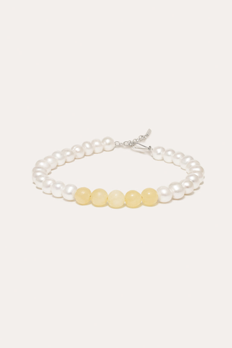 So Far So Good -  Pearl and Yellow Jade Bead Platinum Plated Bracelet