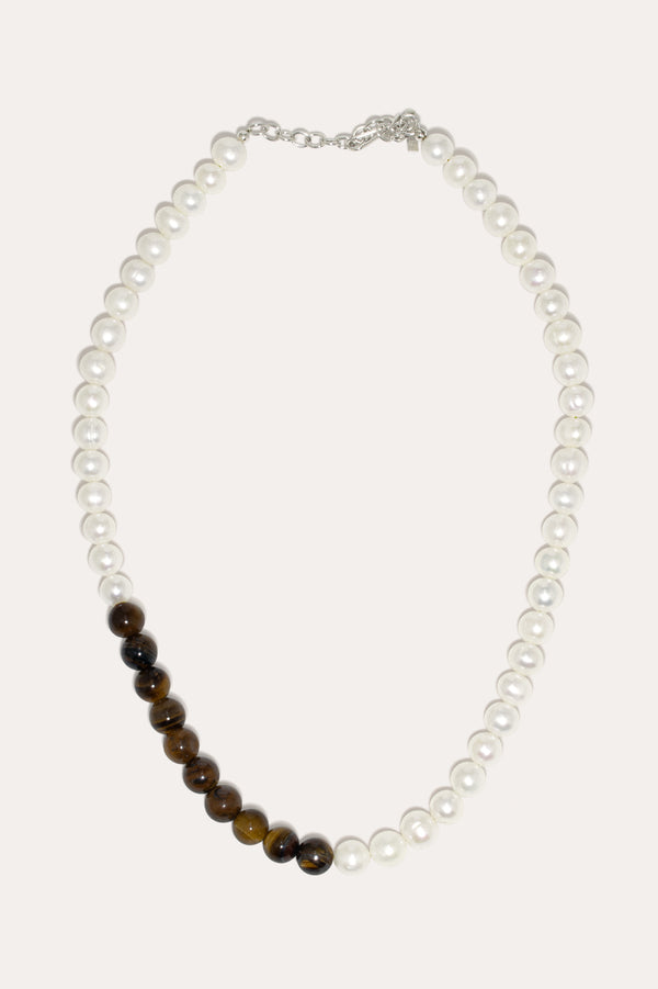 Jusqu'à présent, tout va bien - Collier plaqué platine avec perles et œil de tigre