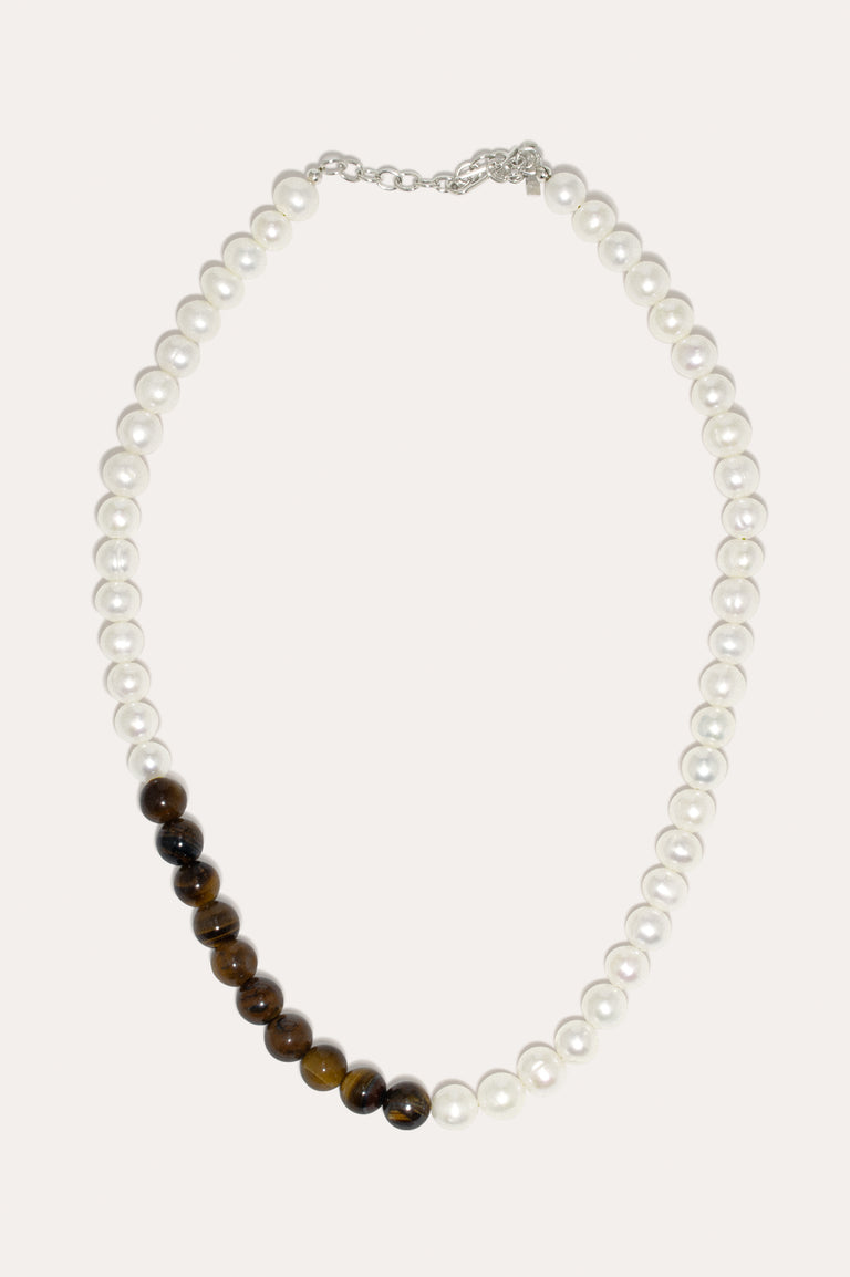 So Far So Good -  Pearl and Tiger Eye Bead Platinum Plated Necklace