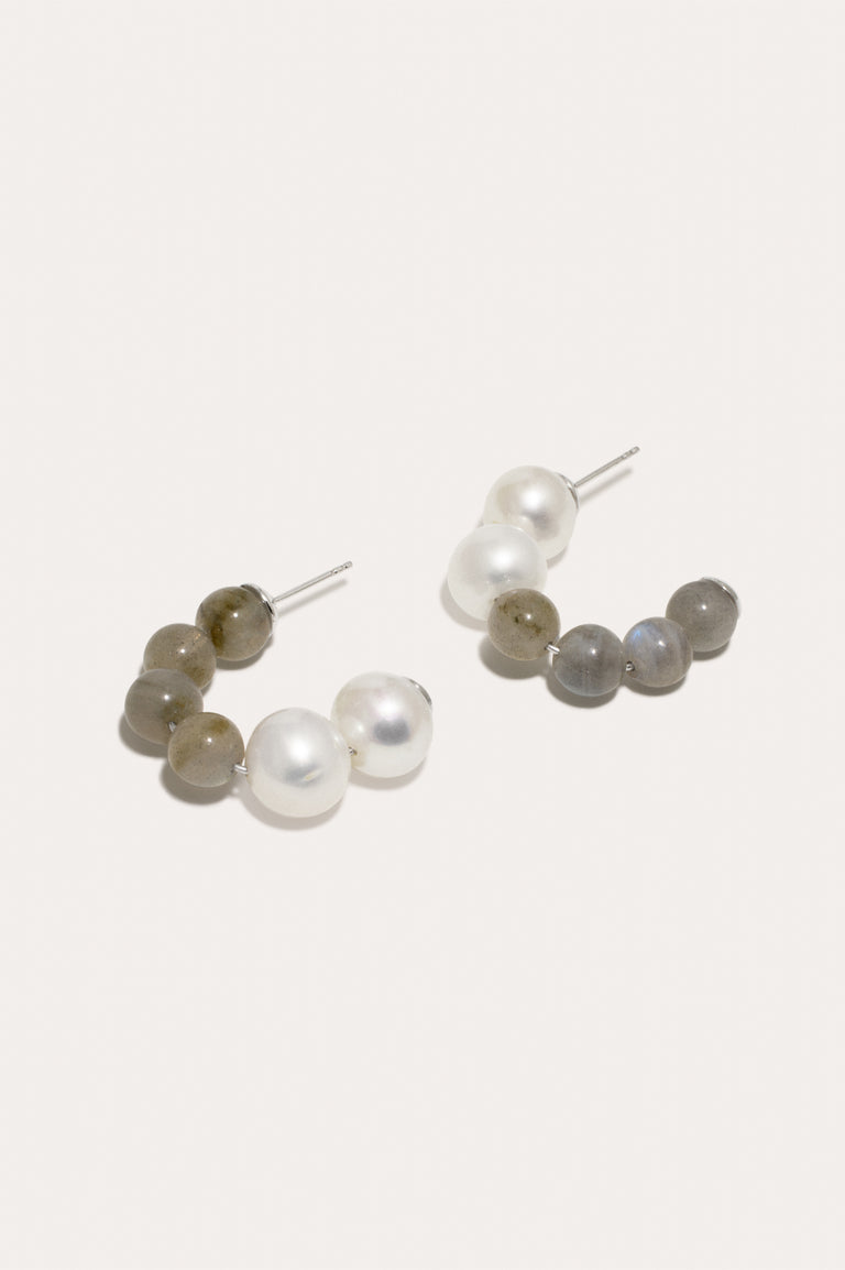 Fee‐fi‐fo‐fum - Pearl and Labradorite Bead Rhodium Plated Earrings