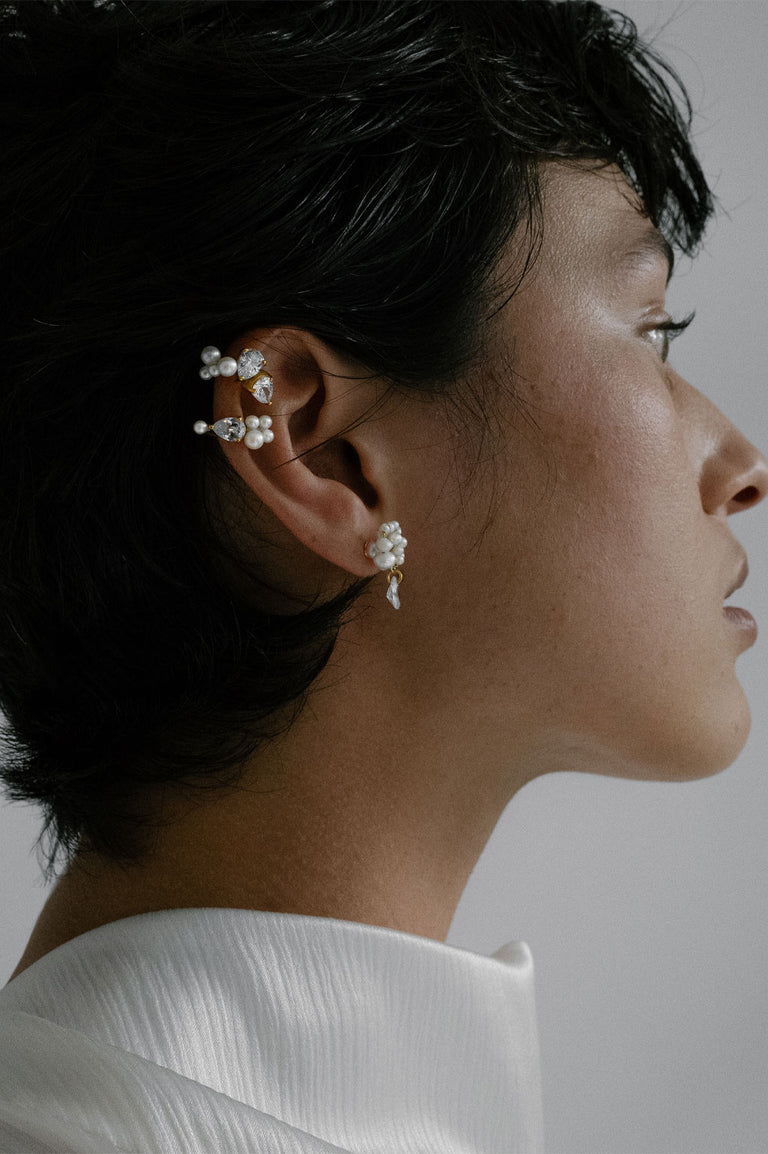 Le Temps Est Stratifié Dans La Glace - Boucles d'Oreilles en Vermeil Or, Perle et Zircone