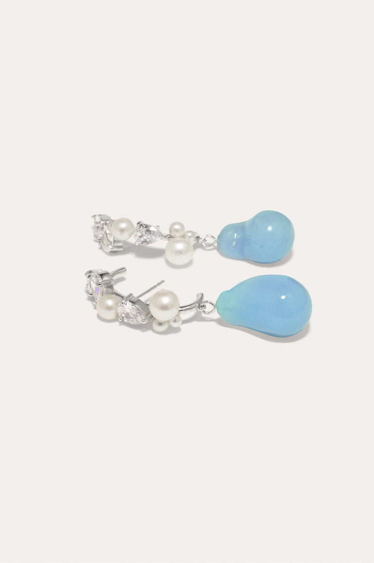 Eze‐eh - Pearl, Blue Bio Resin and Zirconia Platinum Plated Earrings