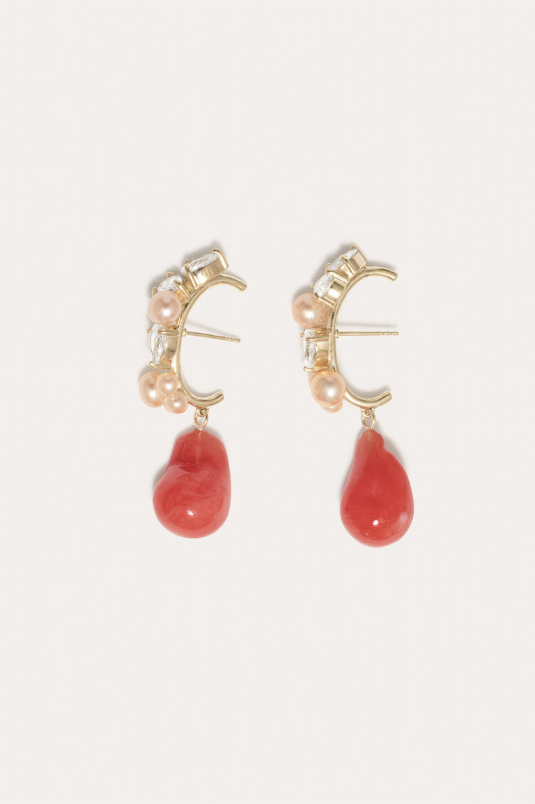 Eze‐eh - Pink Pearl and Coral Bio Resin with Zirconia Gold Vermeil Earrings