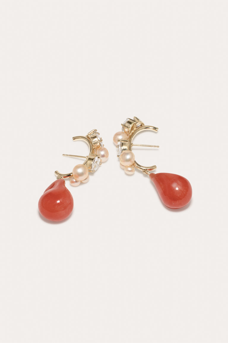 Eze‐eh - Pink Pearl and Coral Bio Resin with Zirconia Gold Vermeil Earrings