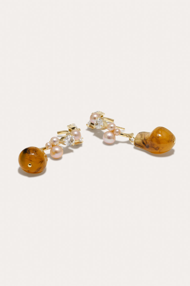 Eze‐eh - Pink Pearl and Tortoise Shell Bio Resin with Zirconia Gold Vermeil Ear Climbers