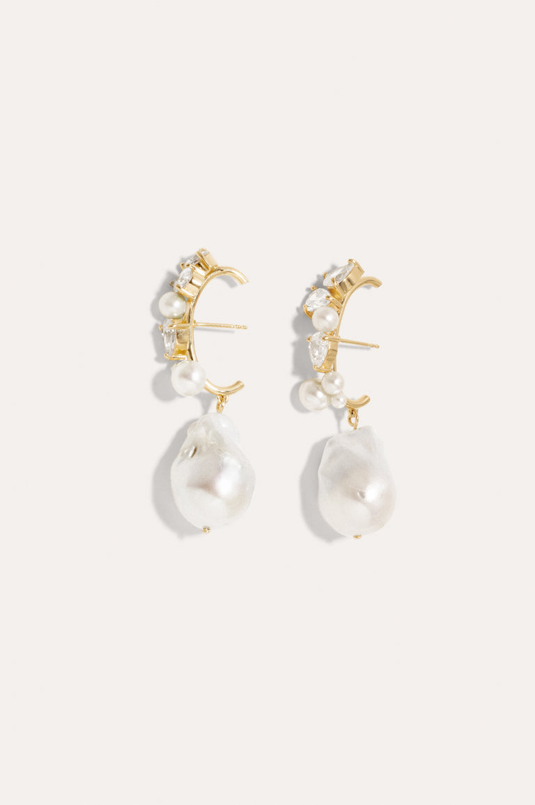 Eze-eh - Boucles d'oreilles en vermeil or, perles et topazes blanches