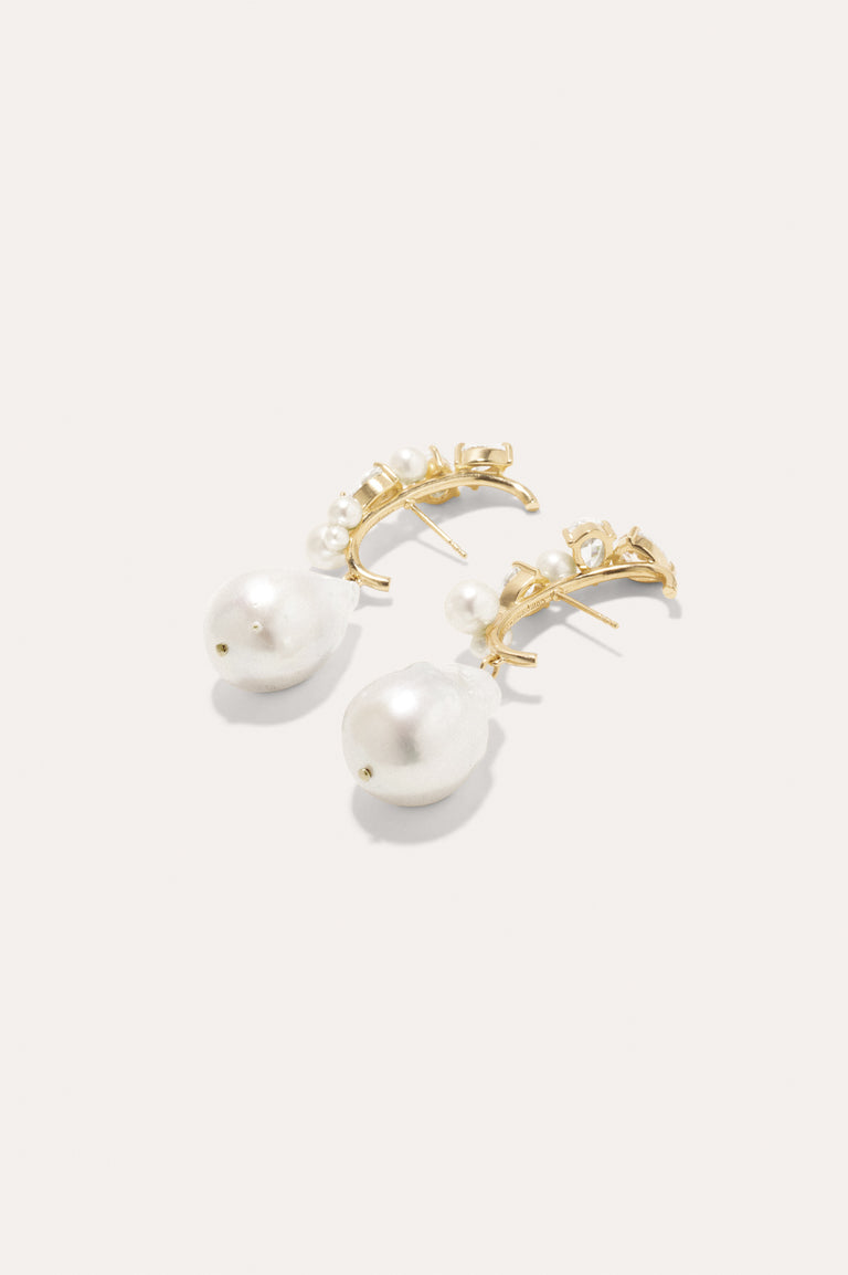 Eze-eh - Boucles d'oreilles en vermeil or, perles et topazes blanches
