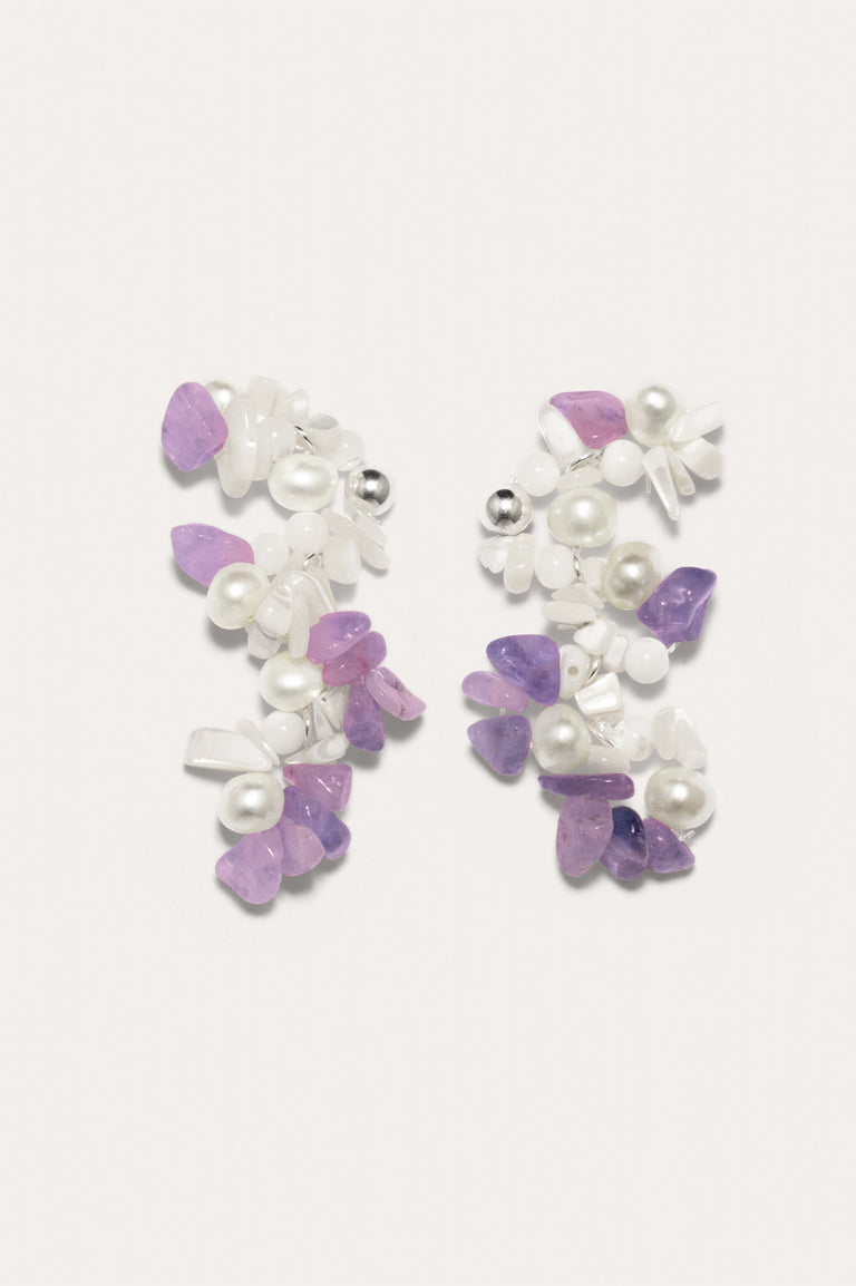 Hum - Boucles d'oreilles plaquées platine, perle, nacre et améthyste