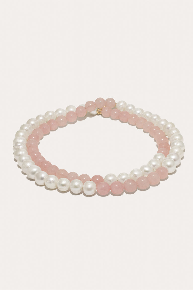 Bells of the Wild - Pearl and Rose Quartz Bead Gold Vermeil Necklace